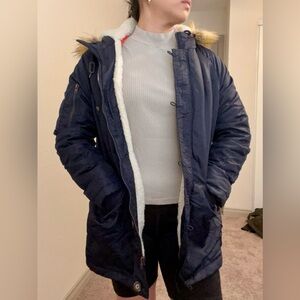 Forever 21 Navy Blue Parka with Faux Fur Trim